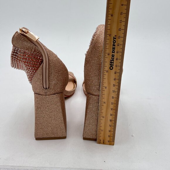 XYD Gold Studded Rhinestone Sandal Chunky Heel Elastic Wide Ankle Strap Shoes - Picture 5 of 8